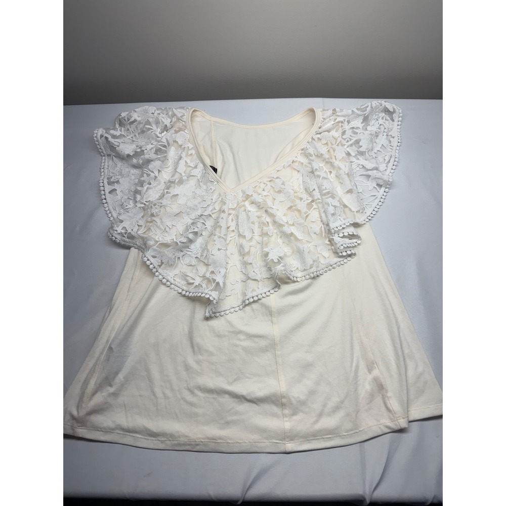 DG2 Diane Gilman Cream Lace Ruffle V-Neck Knit Top XL NEW Cottagecore Elegant